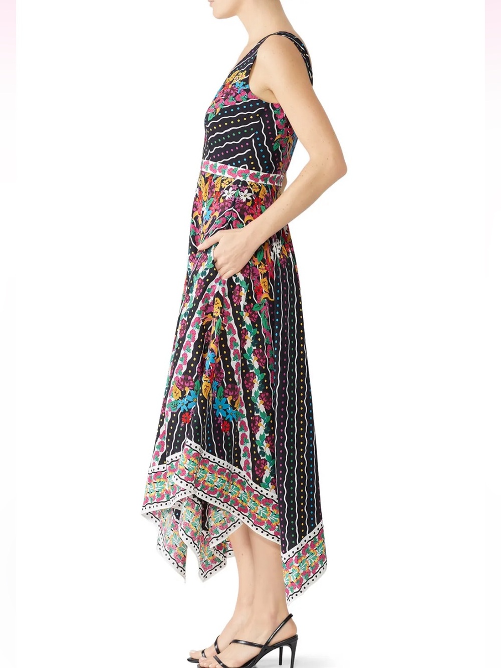 🖤 NWT! Saloni Black Silk Floral Zuri V-Neck Handkerchief Hem Dress - Picture 4 of 9